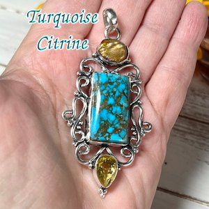 Turquoise Citrine Pendant Semi Precious Gemstone Crystal Handmade 925 Silver New